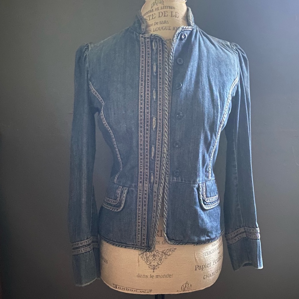 GAP denim high neck jacket with pink stitching and puff shoulder details
